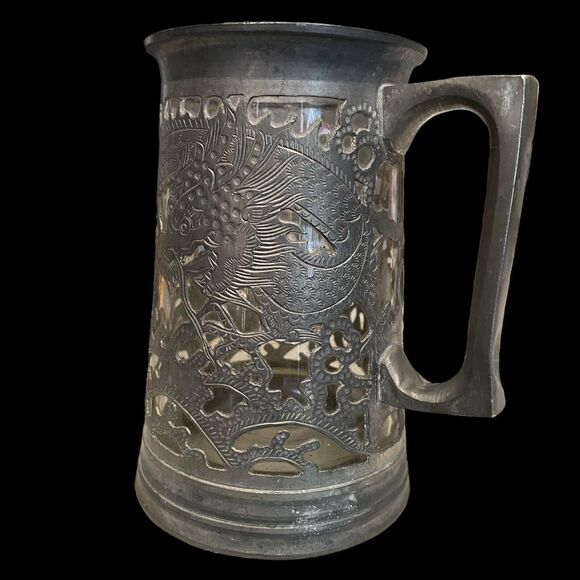 Asian Dragon Pewter Tankard Ngan Winghing 16 Oz Decorated Glass Lined Korea Vtg - Picture 2 of 14